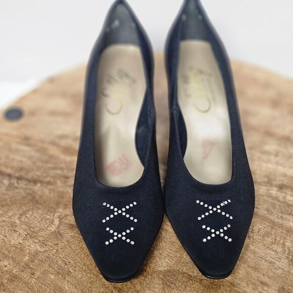 Vintage Selby Black Pumps Rhinestones Dress Kitten Heels 90s Comfort Flex Size 8 - Picture 2 of 8